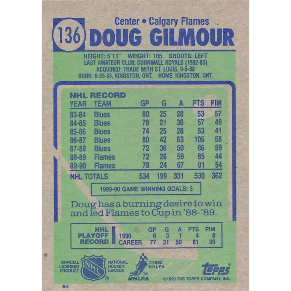 1990-91 Topps #136 Doug Gilmour NM-MT Calgary Flames Hockey Card - Hockey Card Single