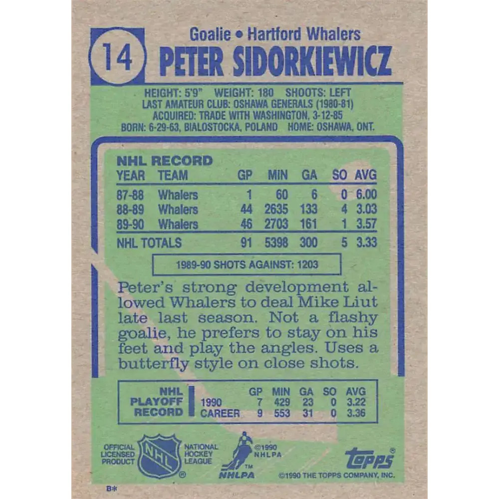 1990-91 Topps #14 Peter Sidorkiewicz NM-MT Hartford Whalers Hockey Card - Hockey Card Single