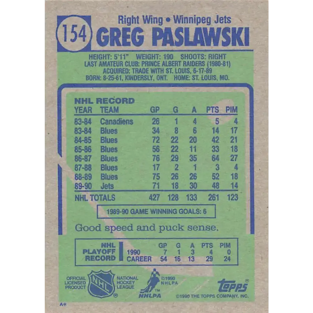 1990-91 Topps #154 Greg Paslawski NM-MT Winnipeg Jets Hockey Card - Hockey Card Single