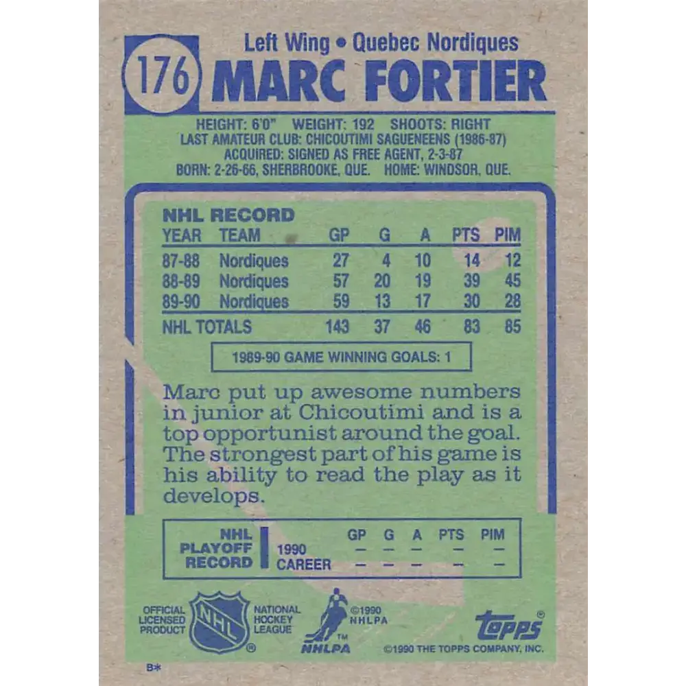 1990-91 Topps #176 Marc Fortier NM-MT Hockey Card - Hockey Card Single