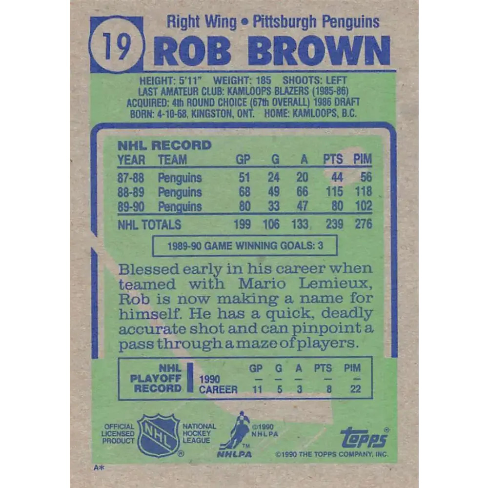 1990-91 Topps #19 Rob Brown NM-MT Pittsburgh Penguins Hockey Card - Hockey Card Single