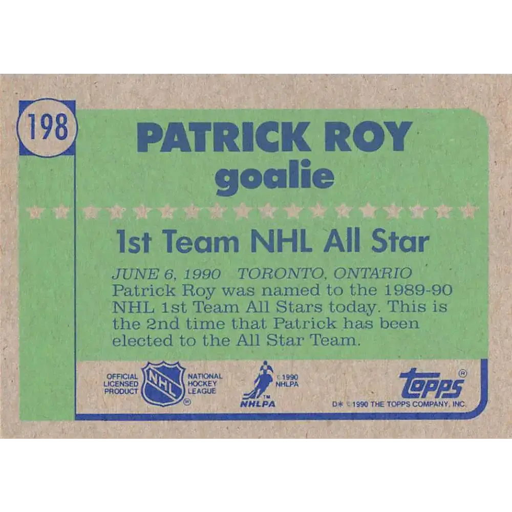 1990-91 Topps #198 Patrick Roy NM-MT Montreal Canadiens Hockey Card - Hockey Card Single