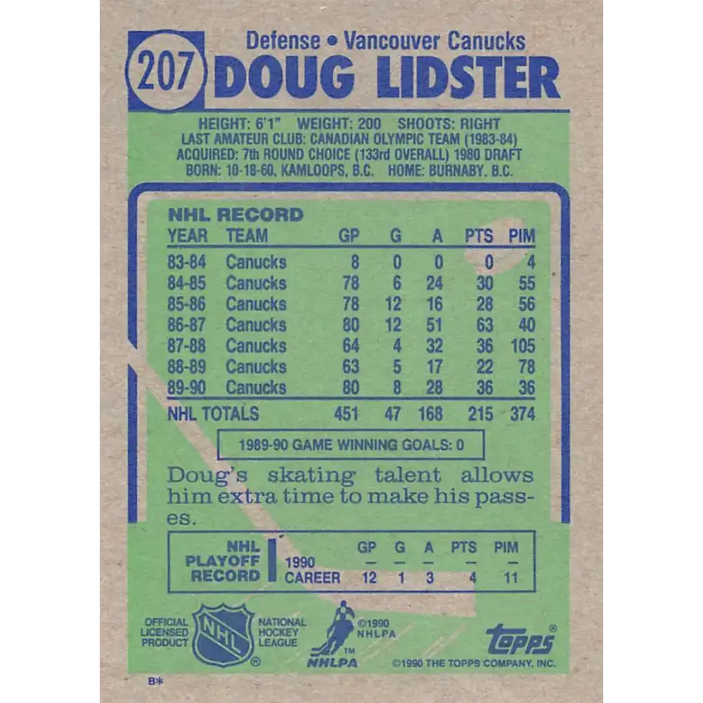 1990-91 Topps #207 Doug Lidster NM-MT Vancouver Canucks Hockey Card - Hockey Card Single