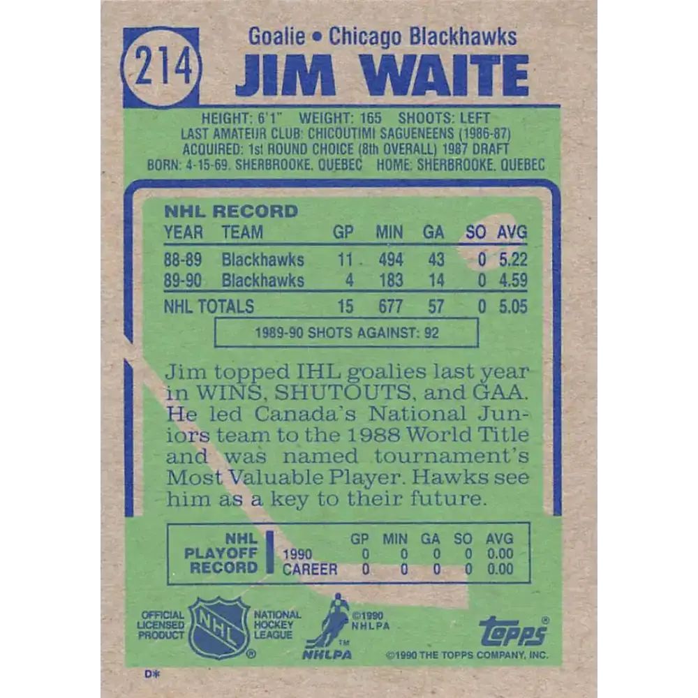 1990-91 Topps #214 Jim Waite NM-MT RC Rookie Chicago Blackhawks Hockey Card - Hockey Card Single