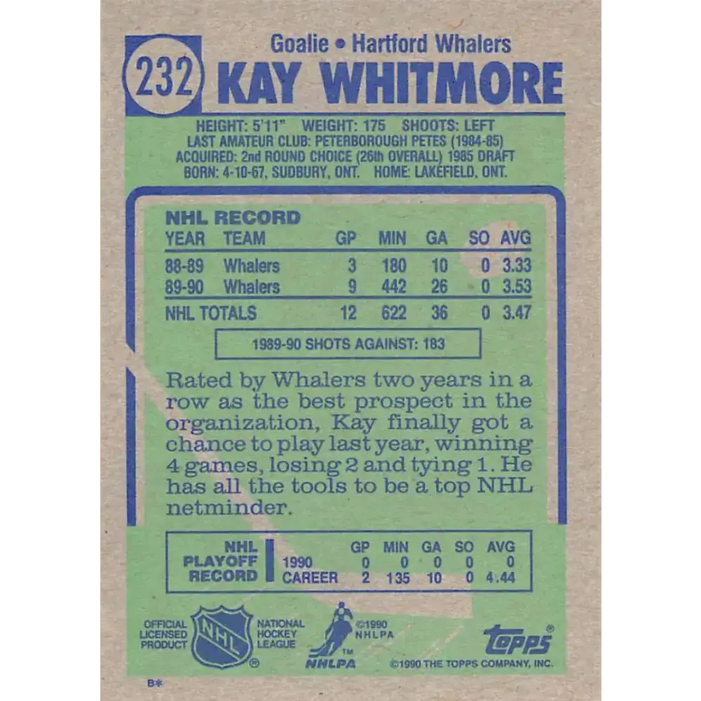 1990-91 Topps #232 Kay Whitmore NM-MT RC Rookie Hartford Whalers Hockey Card - Hockey Card Single