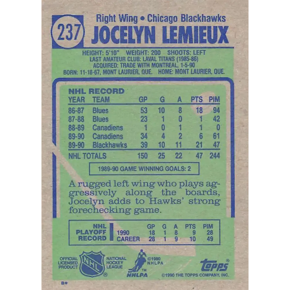 1990-91 Topps #237 Jocelyn Lemieux NM-MT Chicago Blackhawks Hockey Card - Hockey Card Single