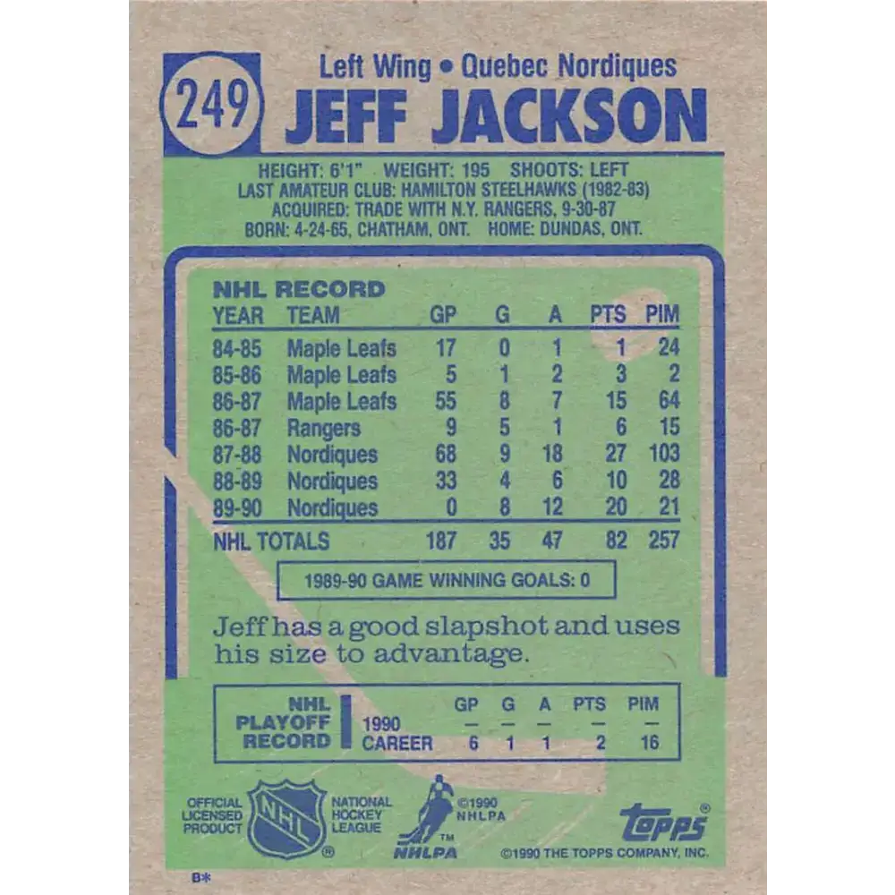 1990-91 Topps #249 Jeff Jackson NM-MT Quebec Nordiques Hockey Card - Hockey Card Single