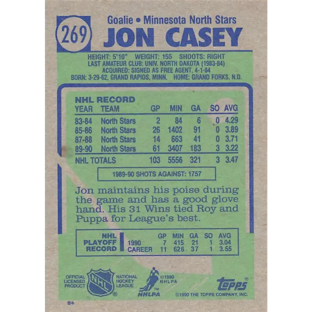1990-91 Topps #269 Jon Casey NM-MT Hockey Card - Hockey Card Single