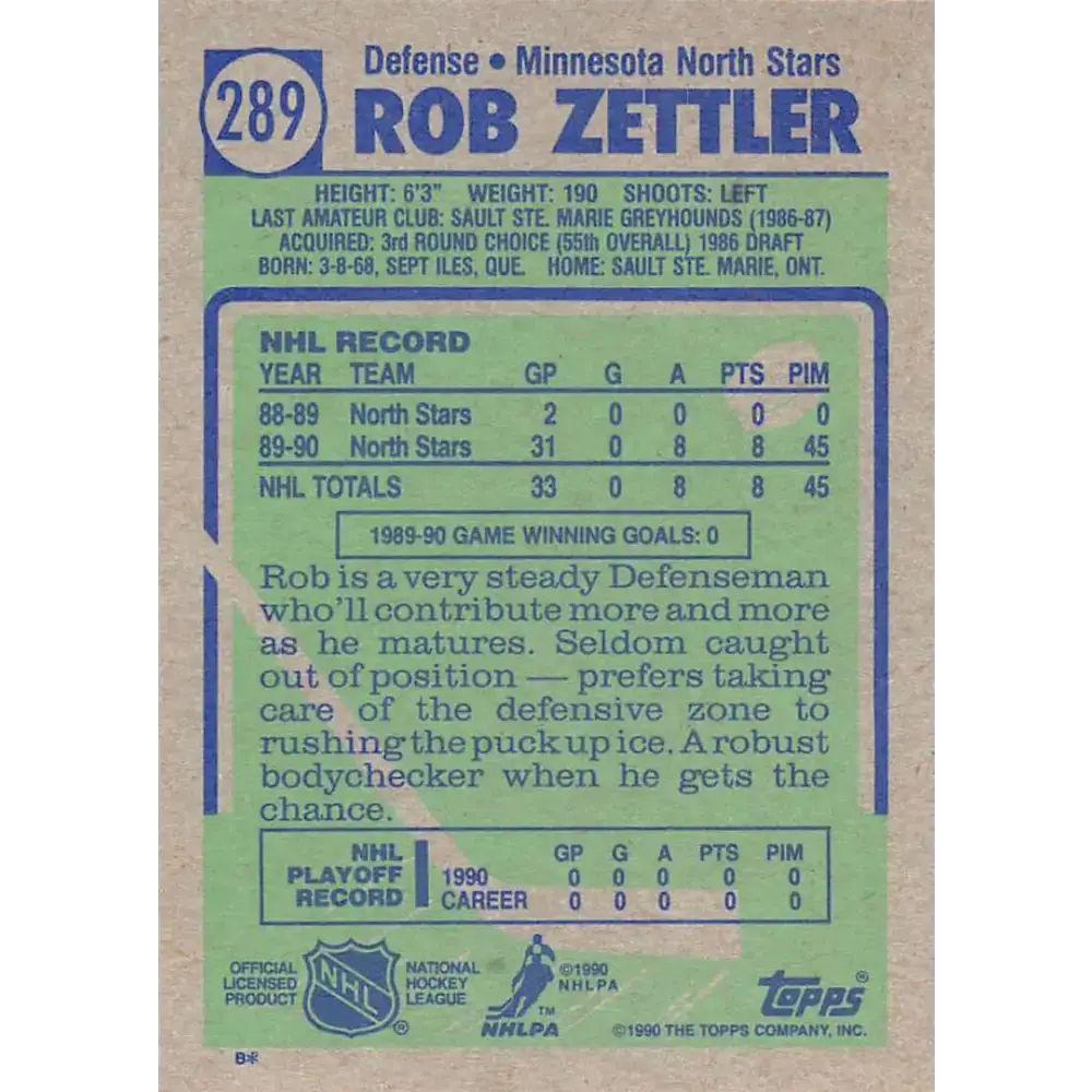 1990-91 Topps #289 Rob Zettler NM-MT RC Rookie Minnesota North Stars Hockey Card - Hockey Card Single