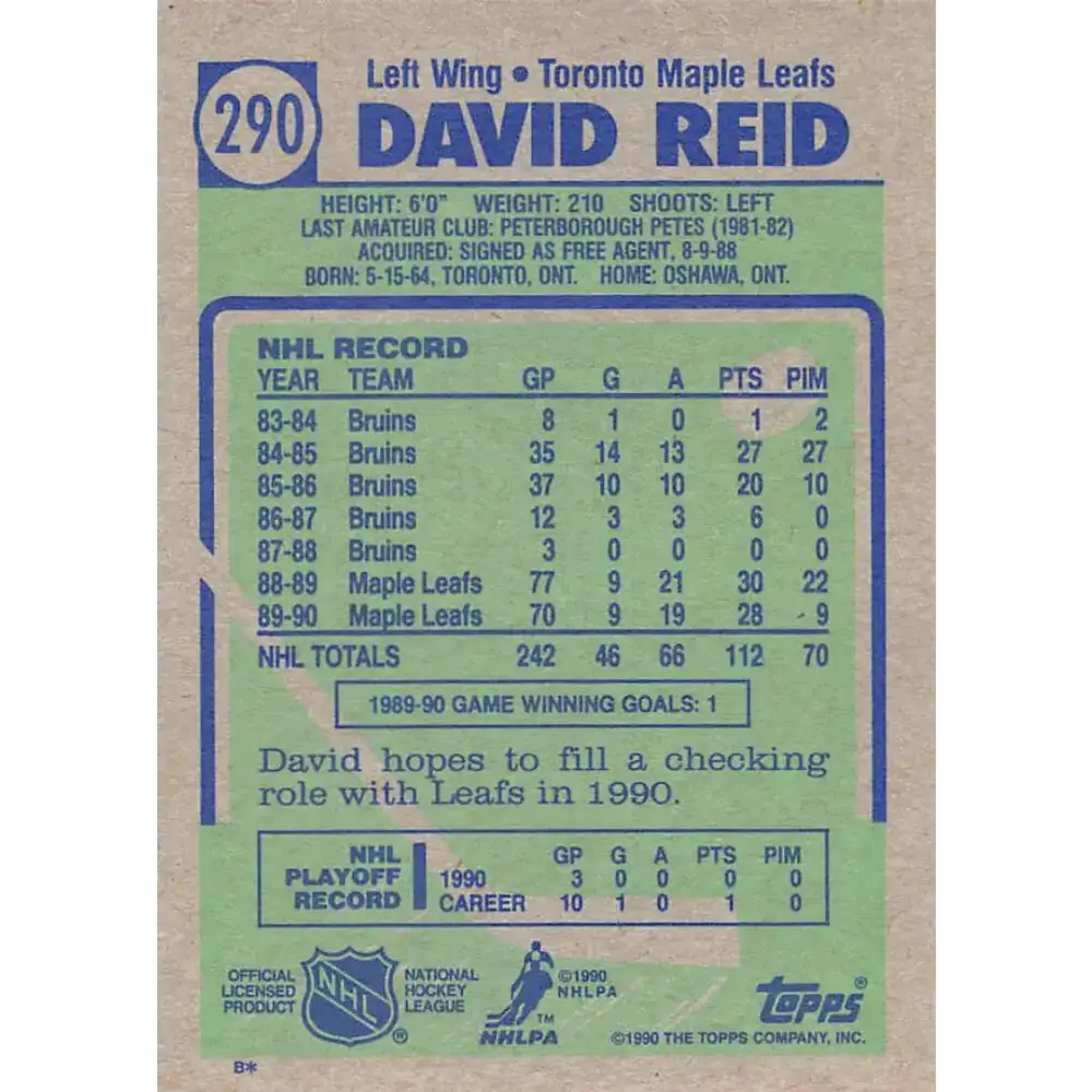 1990-91 Topps #290 David Reid NM-MT Toronto Maple Leafs Hockey Card - Hockey Card Single