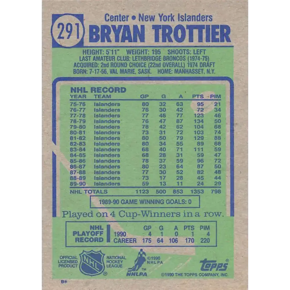 1990-91 Topps #291 Bryan Trottier NM-MT Hockey Card - Hockey Card Single