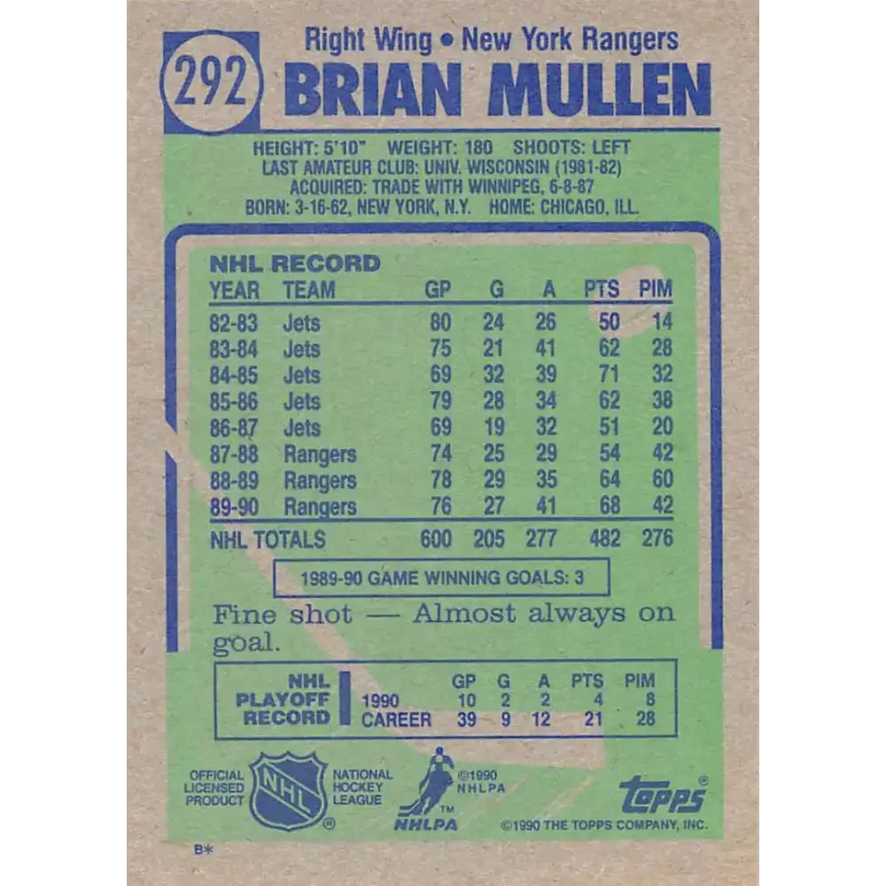 1990-91 Topps #292 Brian Mullen NM-MT New York Rangers Hockey Card - Hockey Card Single