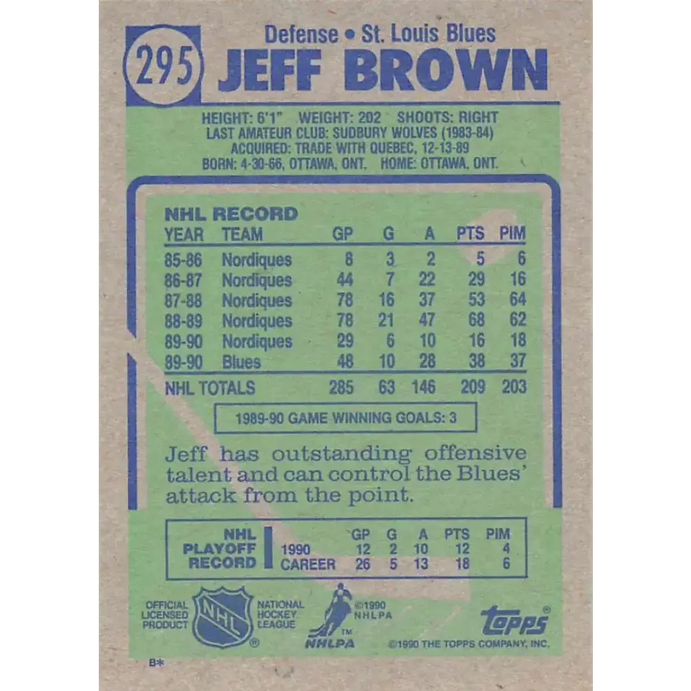1990-91 Topps #295 Jeff Brown NM-MT St. Louis Blues Hockey Card - Hockey Card Single