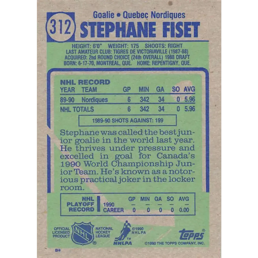 1990-91 Topps #312 Stephane Fiset NM-MT RC Rookie Quebec Nordiques Hockey Card - Hockey Card Single
