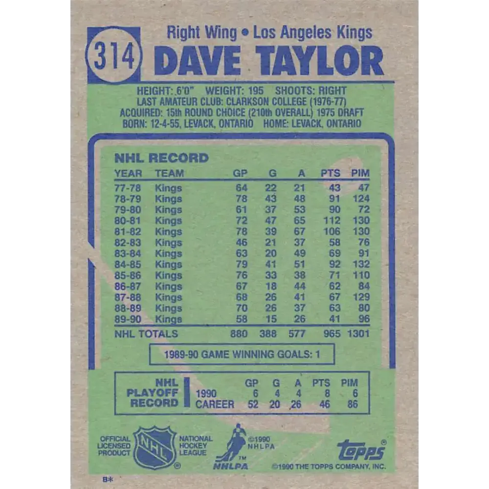 1990-91 Topps #314 Dave Taylor NM-MT Los Angeles Kings Hockey Card - Hockey Card Single