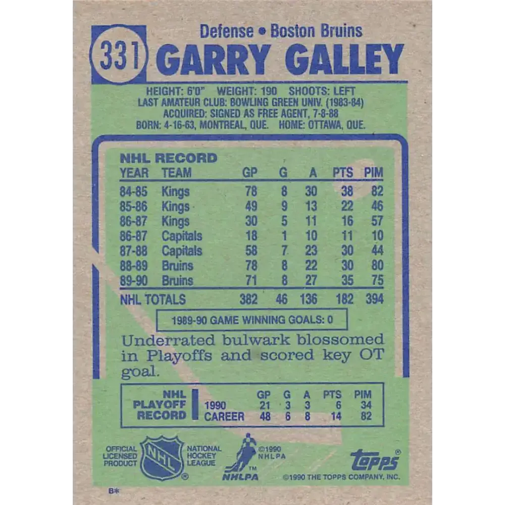 1990-91 Topps #331 Garry Galley NM-MT RC Rookie Boston Bruins Hockey Card - Hockey Card Single