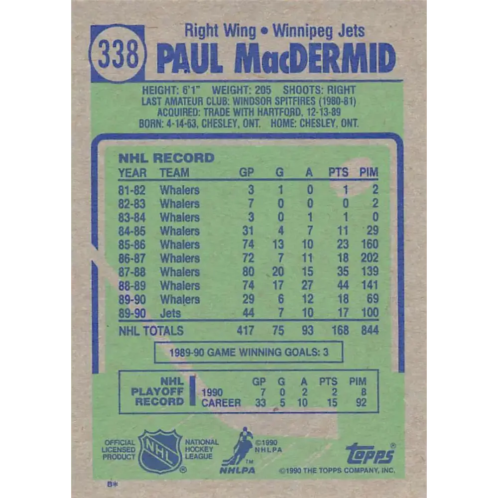 1990-91 Topps #338 Paul MacDermid NM-MT Winnipeg Jets Hockey Card - Hockey Card Single
