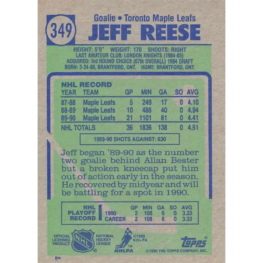 1990-91 Topps #349 Jeff Reese NM-MT RC Rookie Toronto Maple Leafs Hockey Card - Hockey Card Single