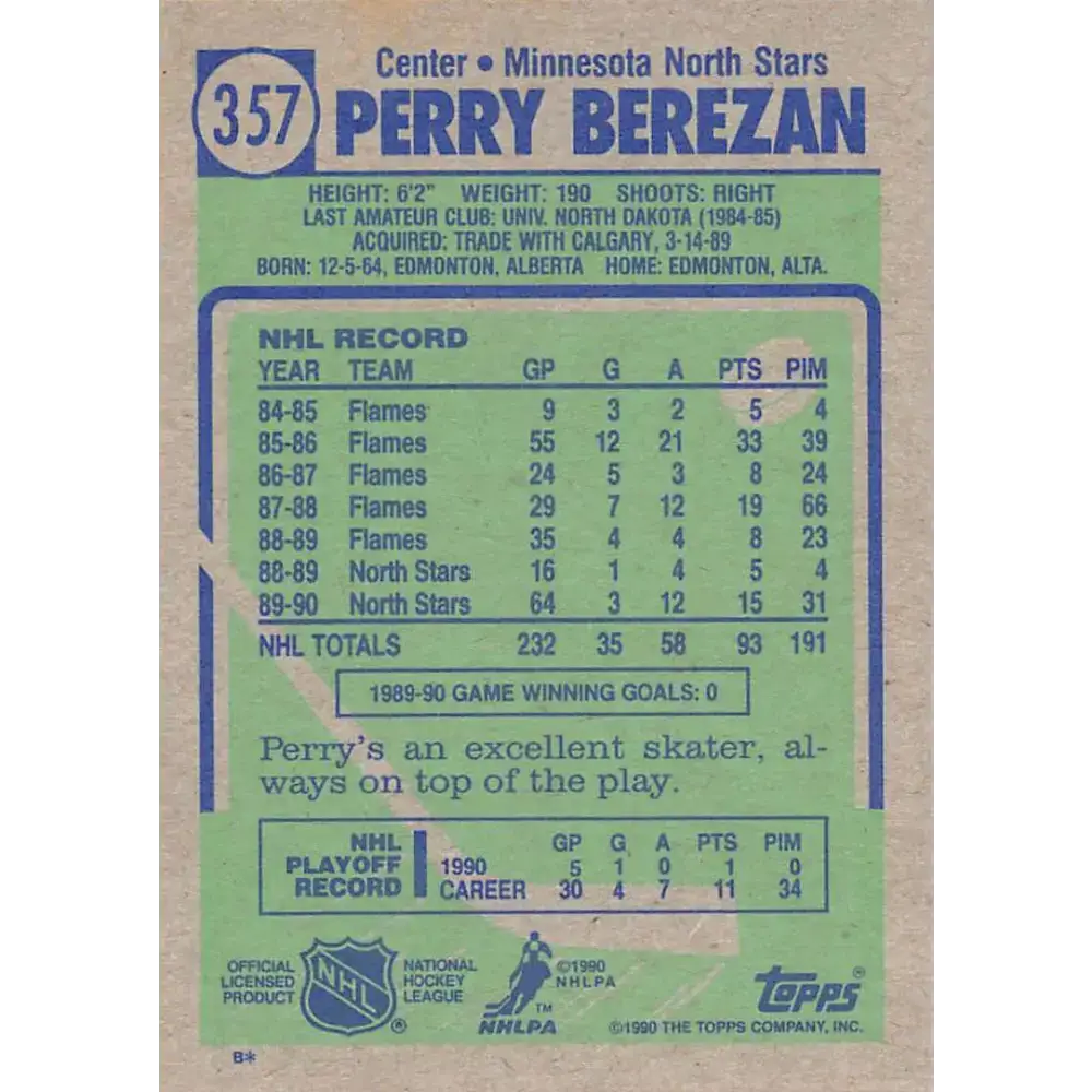 1990-91 Topps #357 Perry Berezan NM-MT Minnesota North Stars Hockey Card - Hockey Card Single