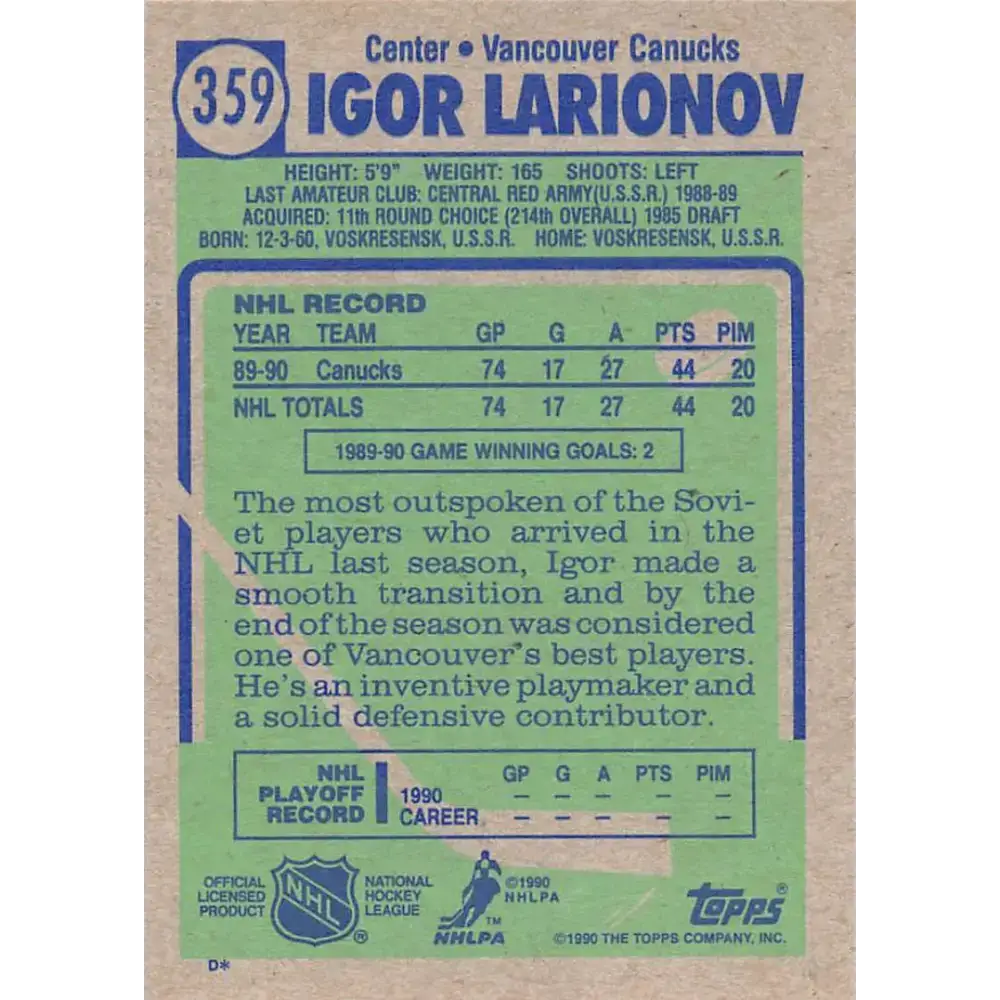 1990-91 Topps #359 Igor Larionov NM-MT RC Rookie Vancouver Canucks Hockey Card