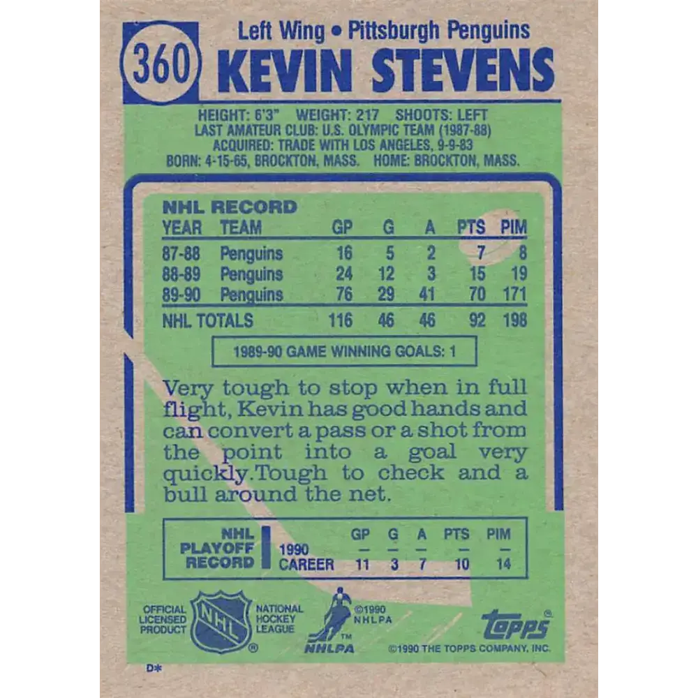 1990-91 Topps #360 Kevin Stevens NM-MT RC Rookie Pittsburgh Penguins Hockey Card - Hockey Card Single