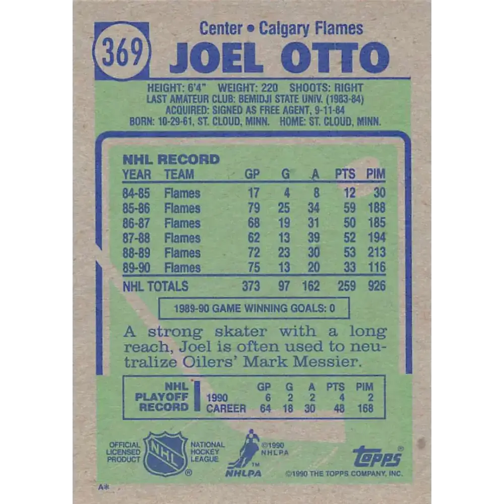 1990-91 Topps #369 Joel Otto NM-MT Calgary Flames Hockey Card - Hockey Card Single