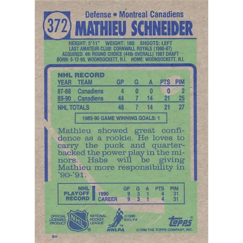 1990-91 Topps #372 Mathieu Schneider NM-MT RC Rookie Montreal Canadiens Hockey Card - Hockey Card Single