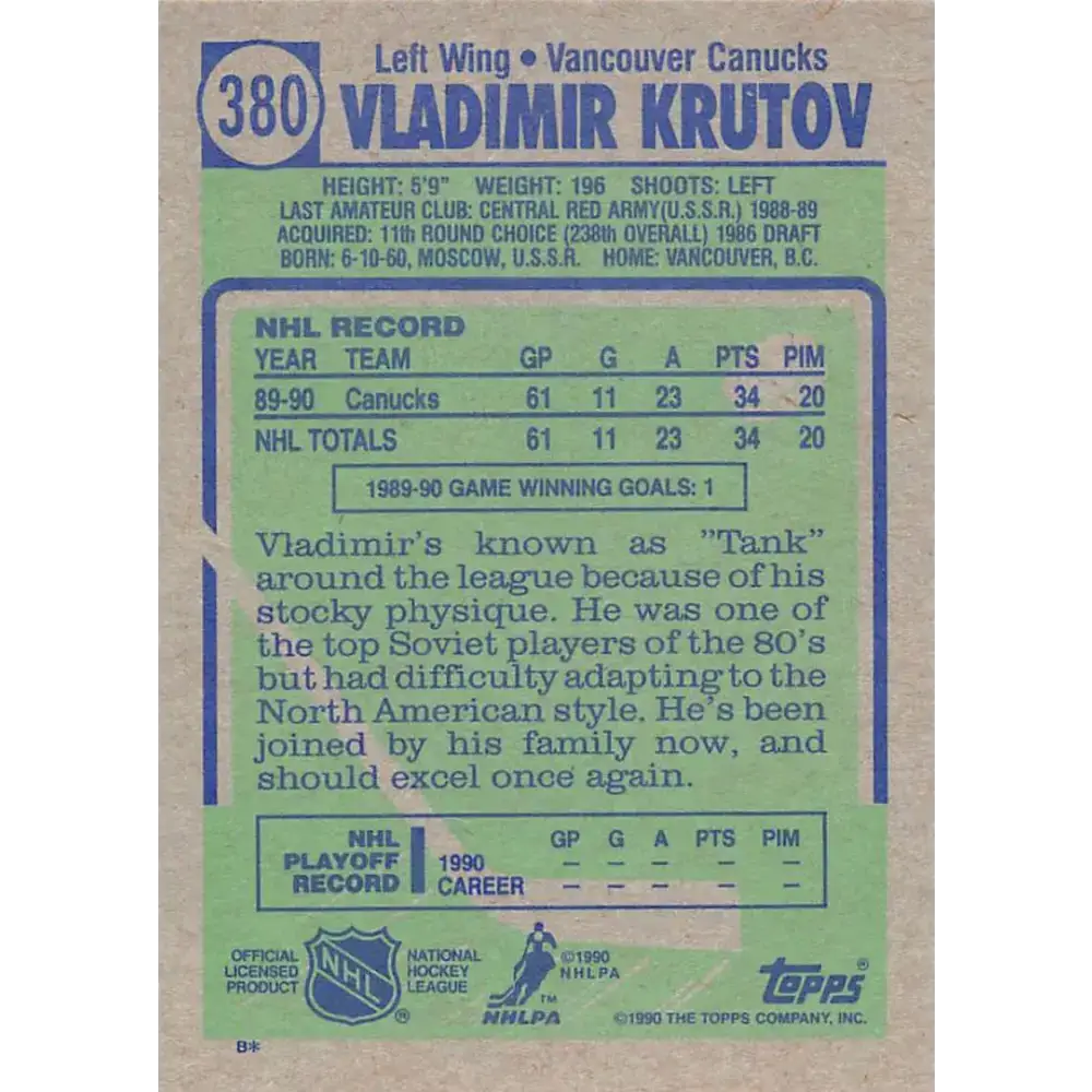1990-91 Topps #380 Vladimir Krutov NM-MT Vancouver Canucks Hockey Card