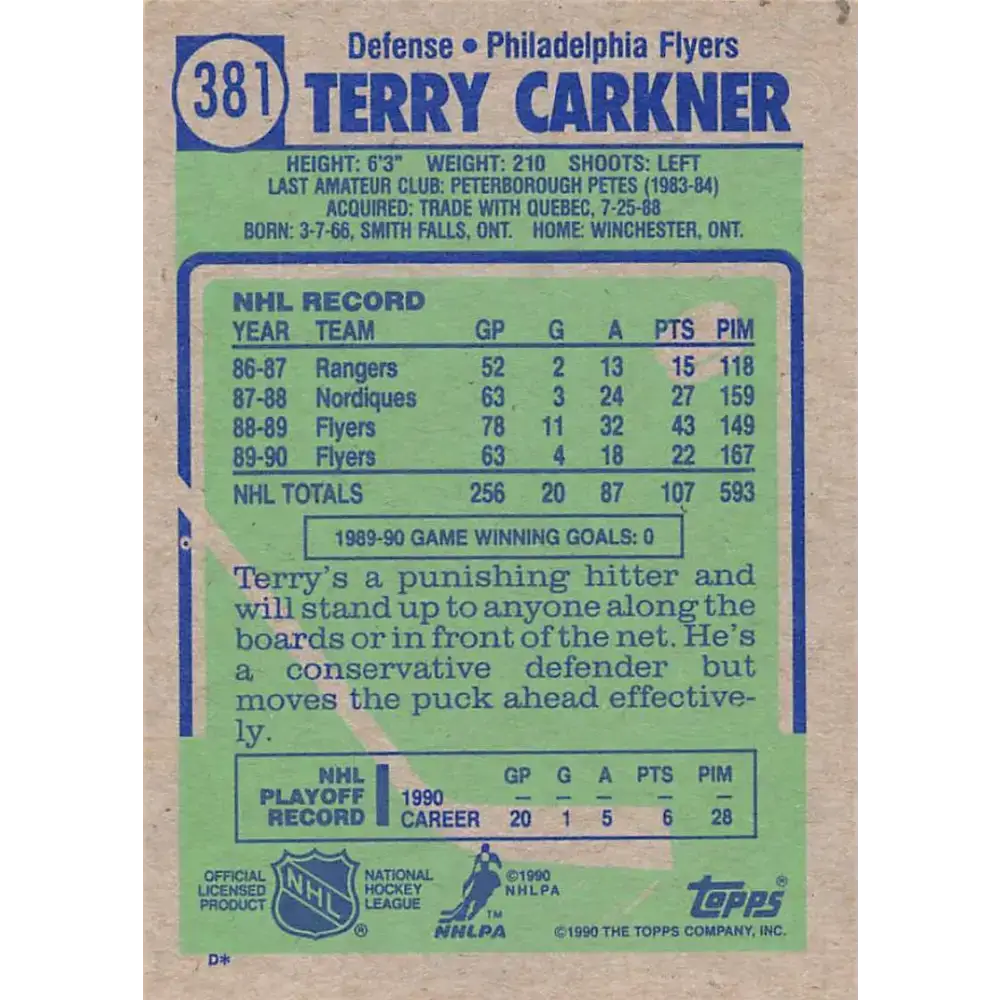 1990-91 Topps #381 Terry Carkner NM-MT Philadelphia Flyers Hockey Card - Hockey Card Single