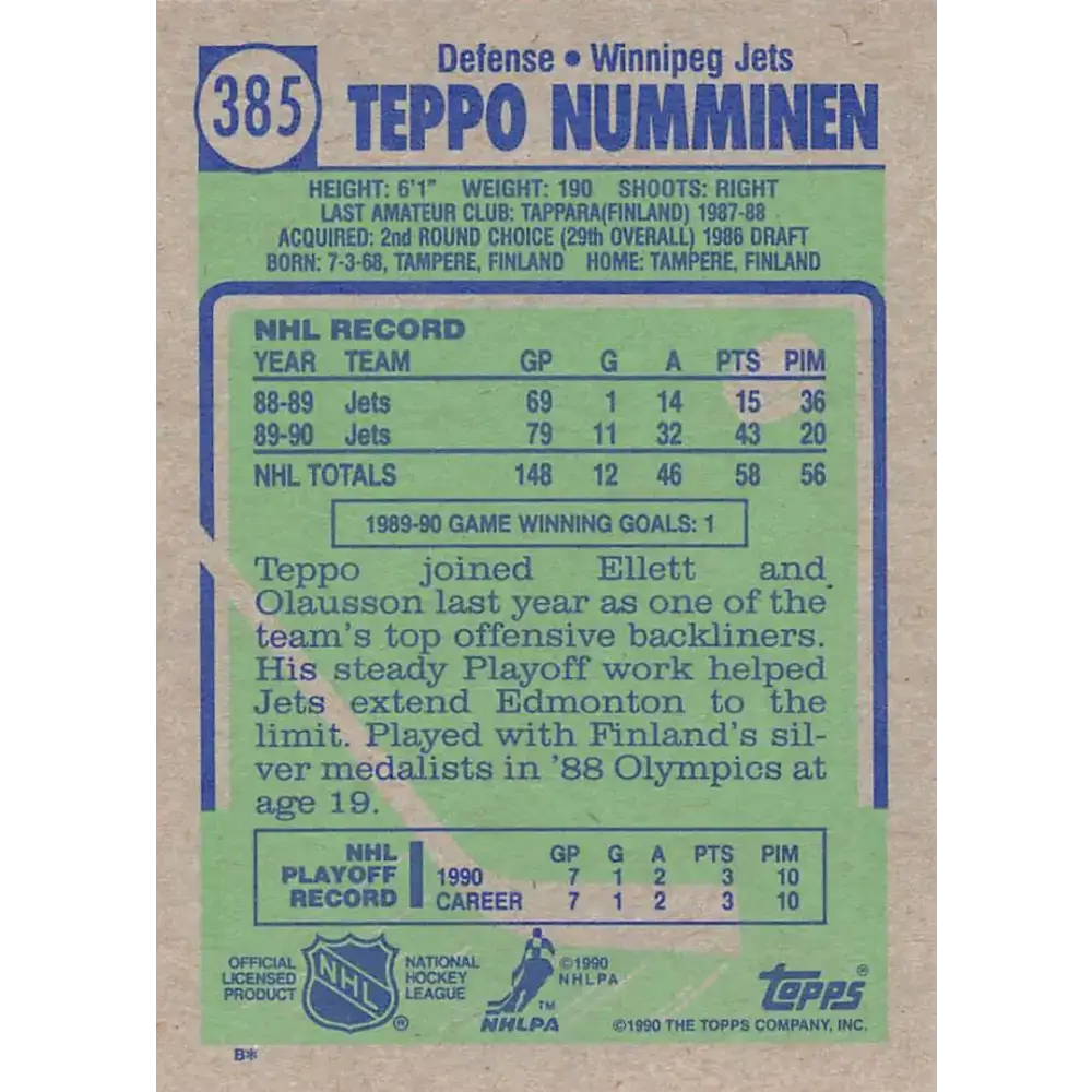 1990-91 Topps #385 Teppo Numminen NM-MT RC Rookie Winnipeg Jets Hockey Card - Hockey Card Single