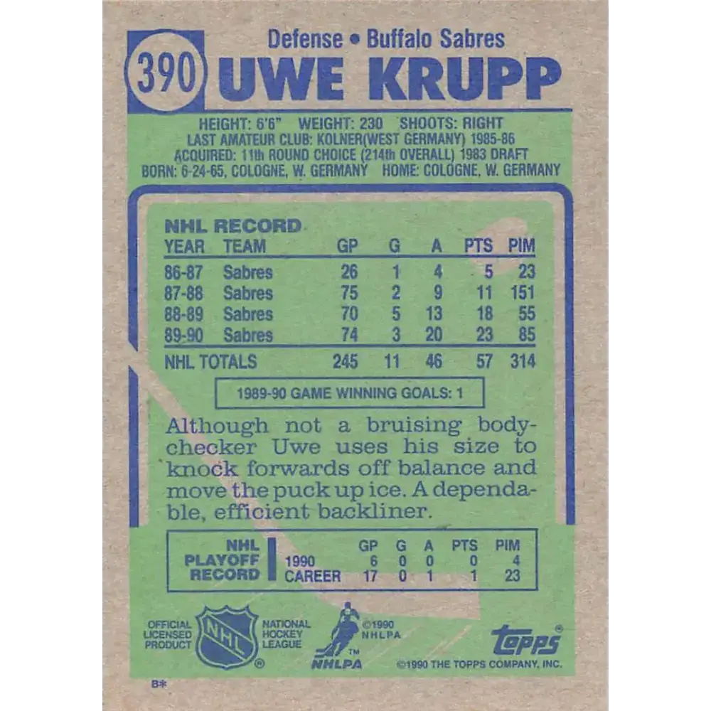 1990-91 Topps #390 Uwe Krupp NM-MT Buffalo Sabres Hockey Card