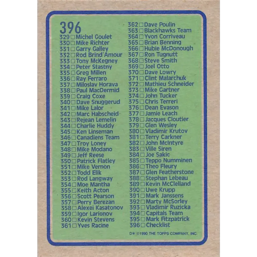 1990-91 Topps #396 Checklist 265-396 NM-MT Hockey Card