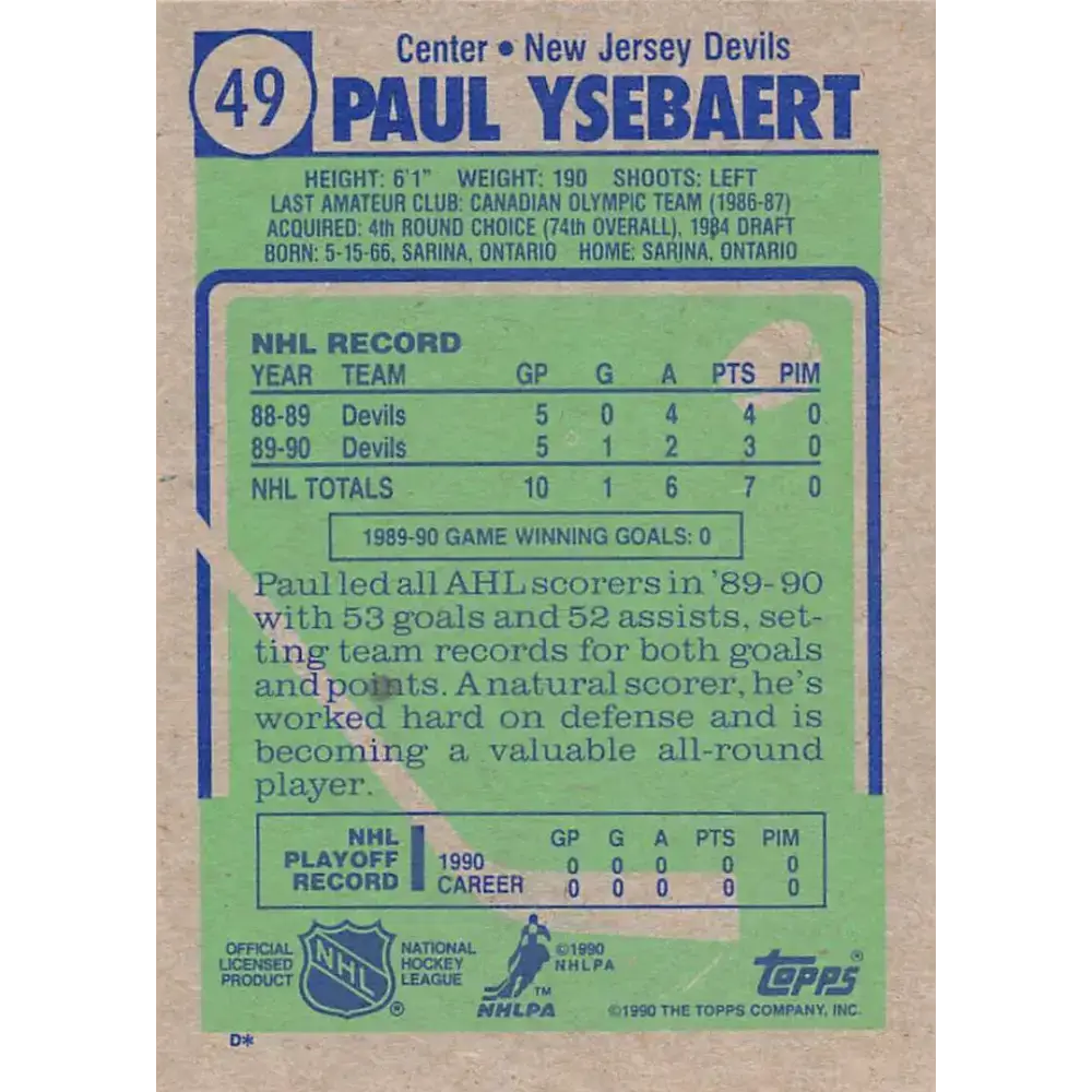 1990-91 Topps #49 Paul Ysebaert NM-MT RC Rookie New Jersey Devils Hockey Card - Hockey Card Single