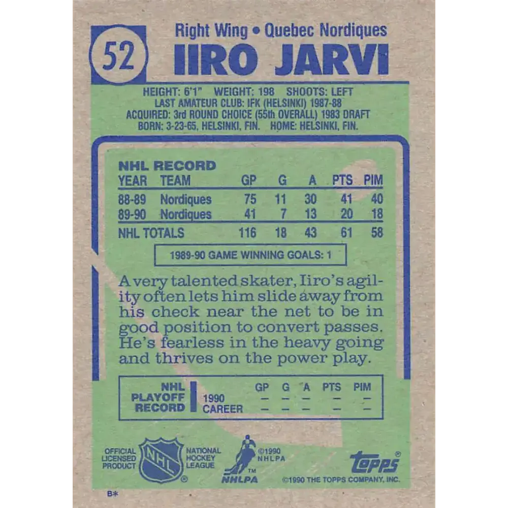 1990-91 Topps #52 Iiro Jarvi NM-MT Quebec Nordiques Hockey Card - Hockey Card Single