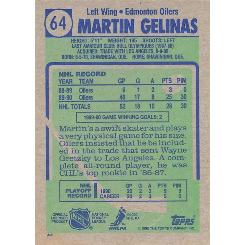 1990-91 Topps #64 Martin Gelinas NM-MT RC Rookie Edmonton Oilers Hockey Card - Hockey Card Single