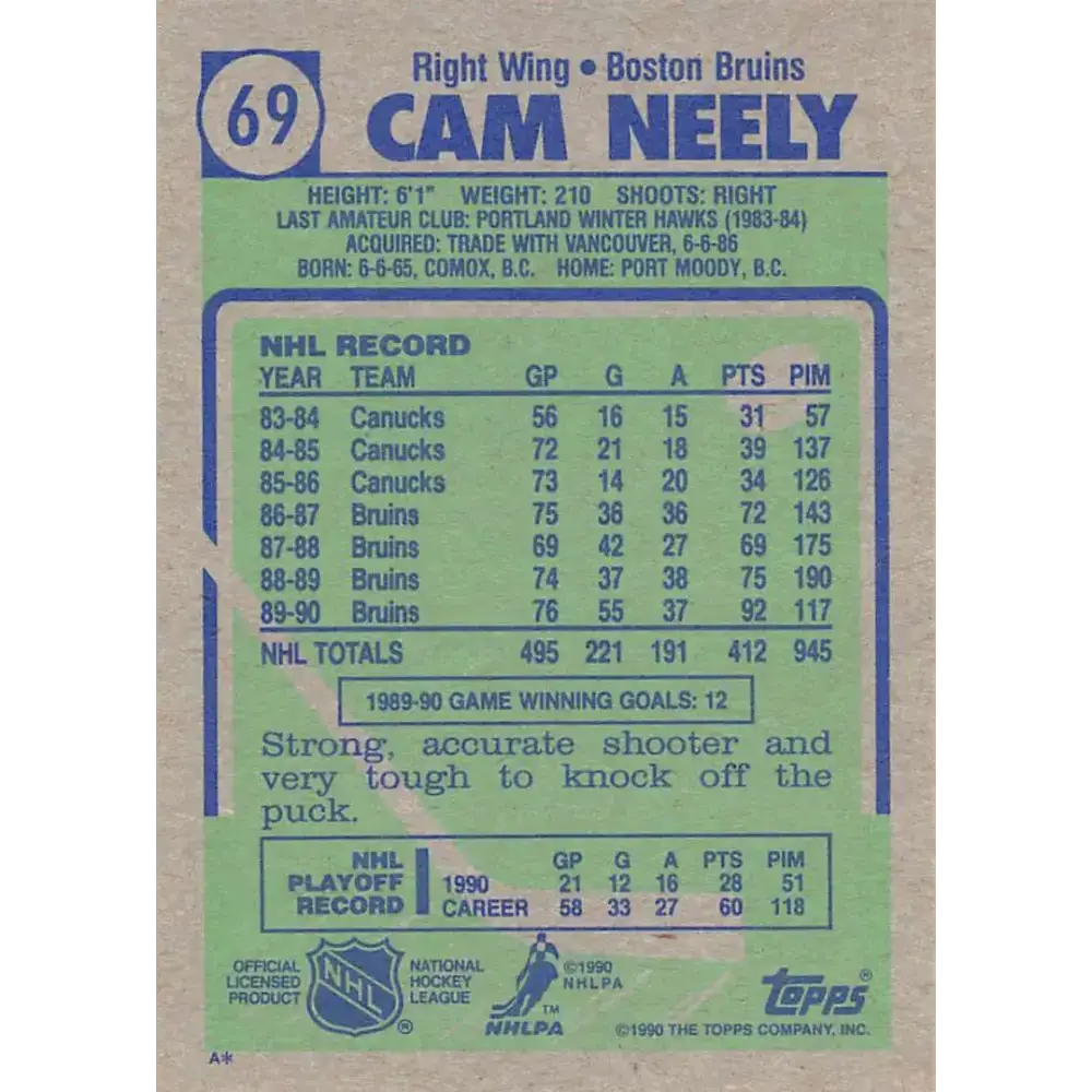 1990-91 Topps #69 Cam Neely NM-MT Hockey Card - Hockey Card Single