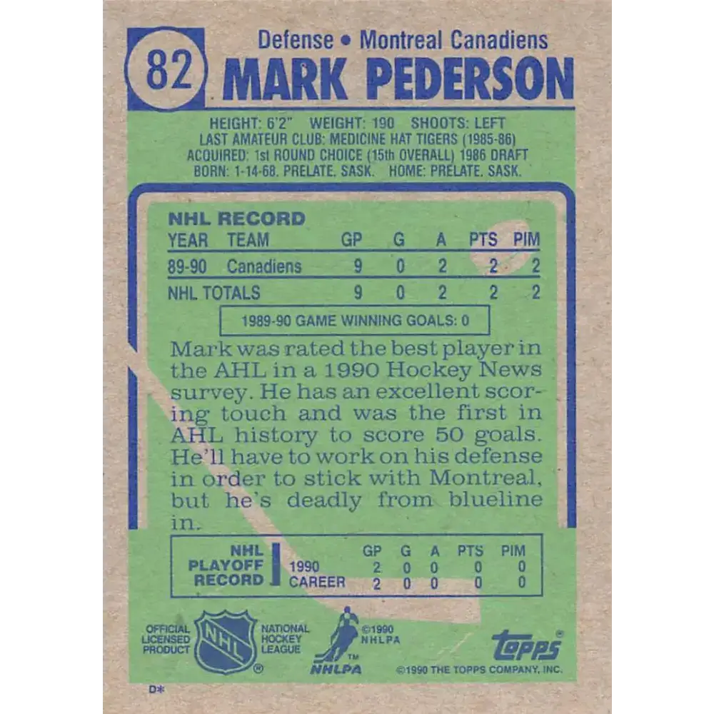 1990-91 Topps #82 Mark Pederson NM-MT Montreal Canadiens Hockey Card - Hockey Card Single