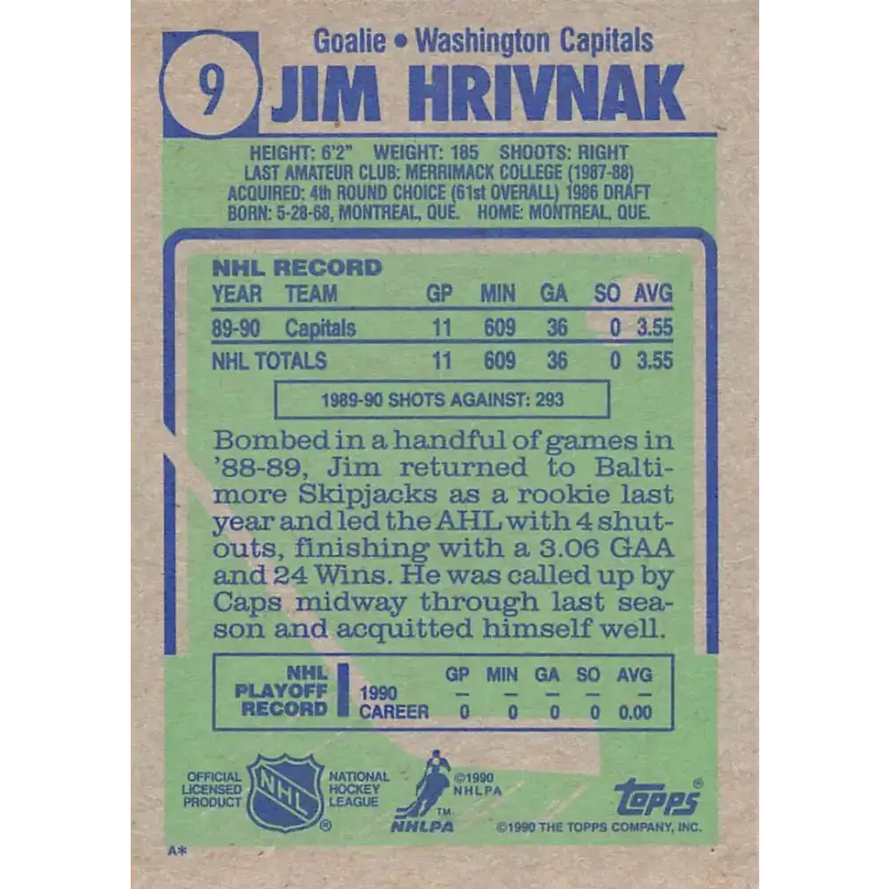 1990-91 Topps #9 Jim Hrivnak NM-MT RC Rookie Washington Capitals Hockey Card - Hockey Card Single