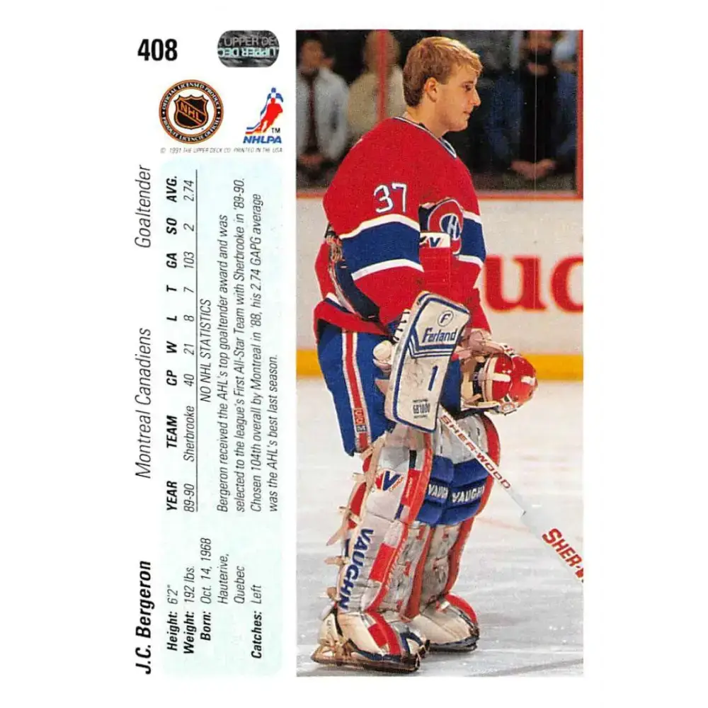1990-91 Upper Deck #408 Jean-Claude Bergeron NM-MT RC Rookie Montreal Canadiens Hockey Card - Hockey Card Single