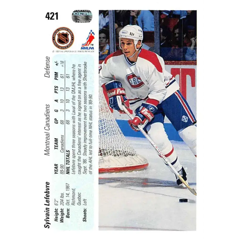 1990-91 Upper Deck #421 Sylvain Lefebvre NM-MT Montreal Canadiens Hockey Card - Hockey Card Single