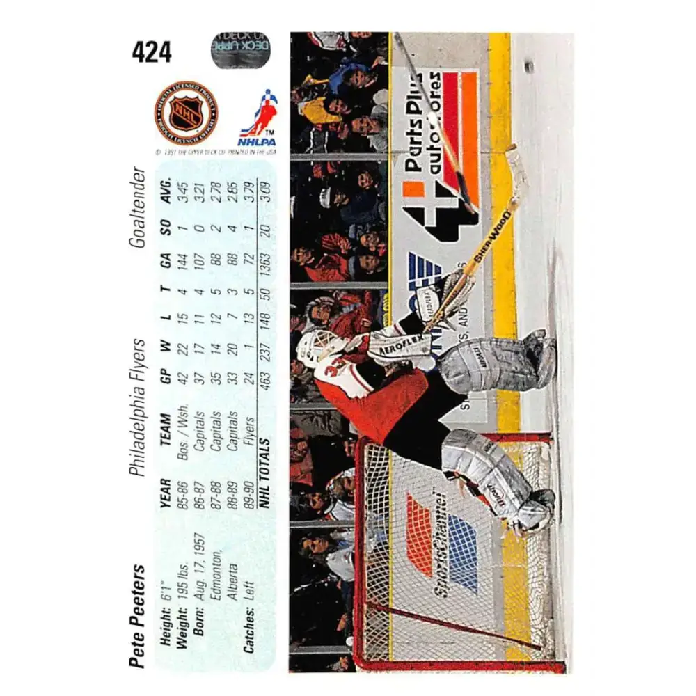 1990-91 Upper Deck #424 Pete Peeters NM-MT Philadelphia Flyers Hockey Card - Hockey Card Single