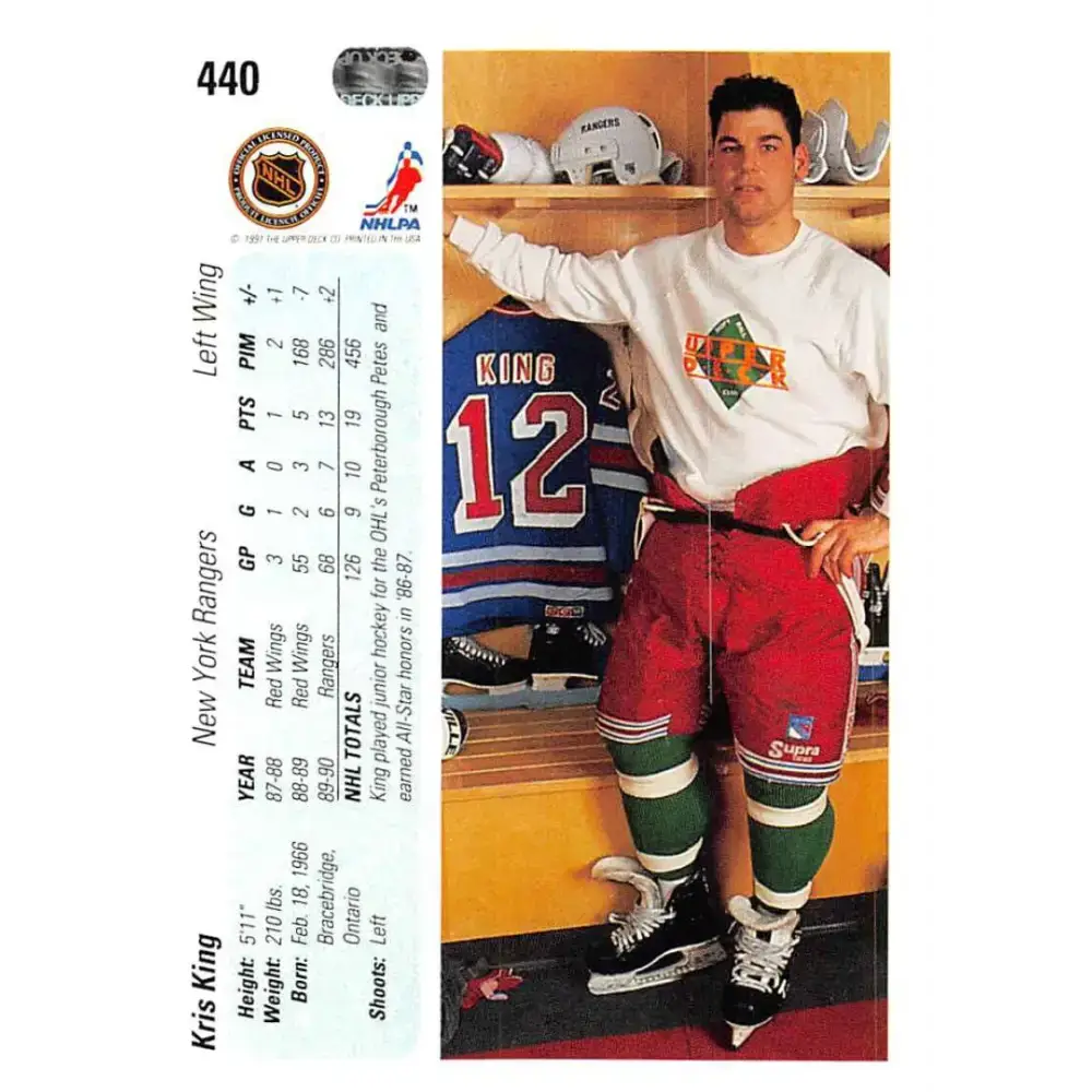 1990-91 Upper Deck #440 Kris King NM-MT RC Rookie New York Rangers Hockey Card - Hockey Card Single
