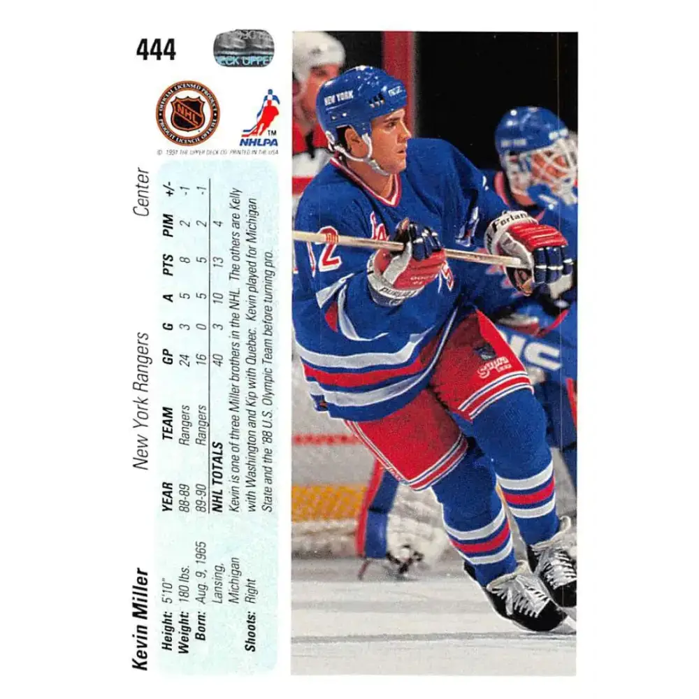 1990-91 Upper Deck #444 Kevin Miller NM-MT RC Rookie New York Rangers Hockey Card - Hockey Card Single