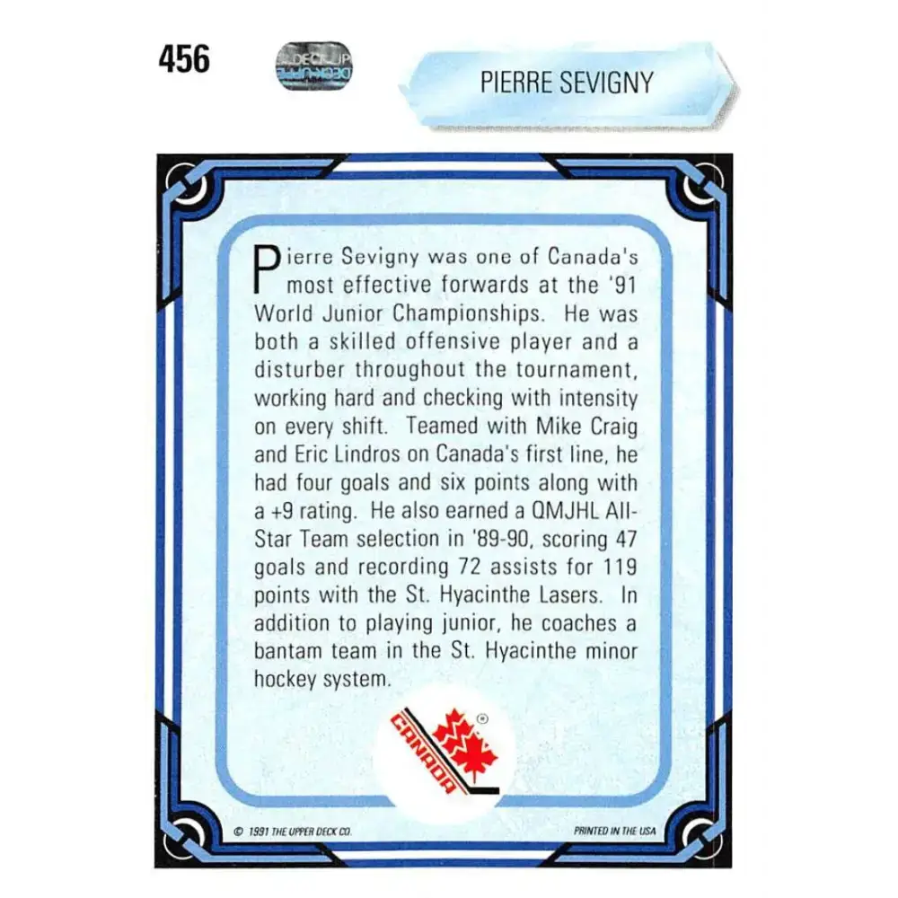 1990-91 Upper Deck #456 Pierre Sevigny NM-MT RC Rookie Hockey Card - Hockey Card Single