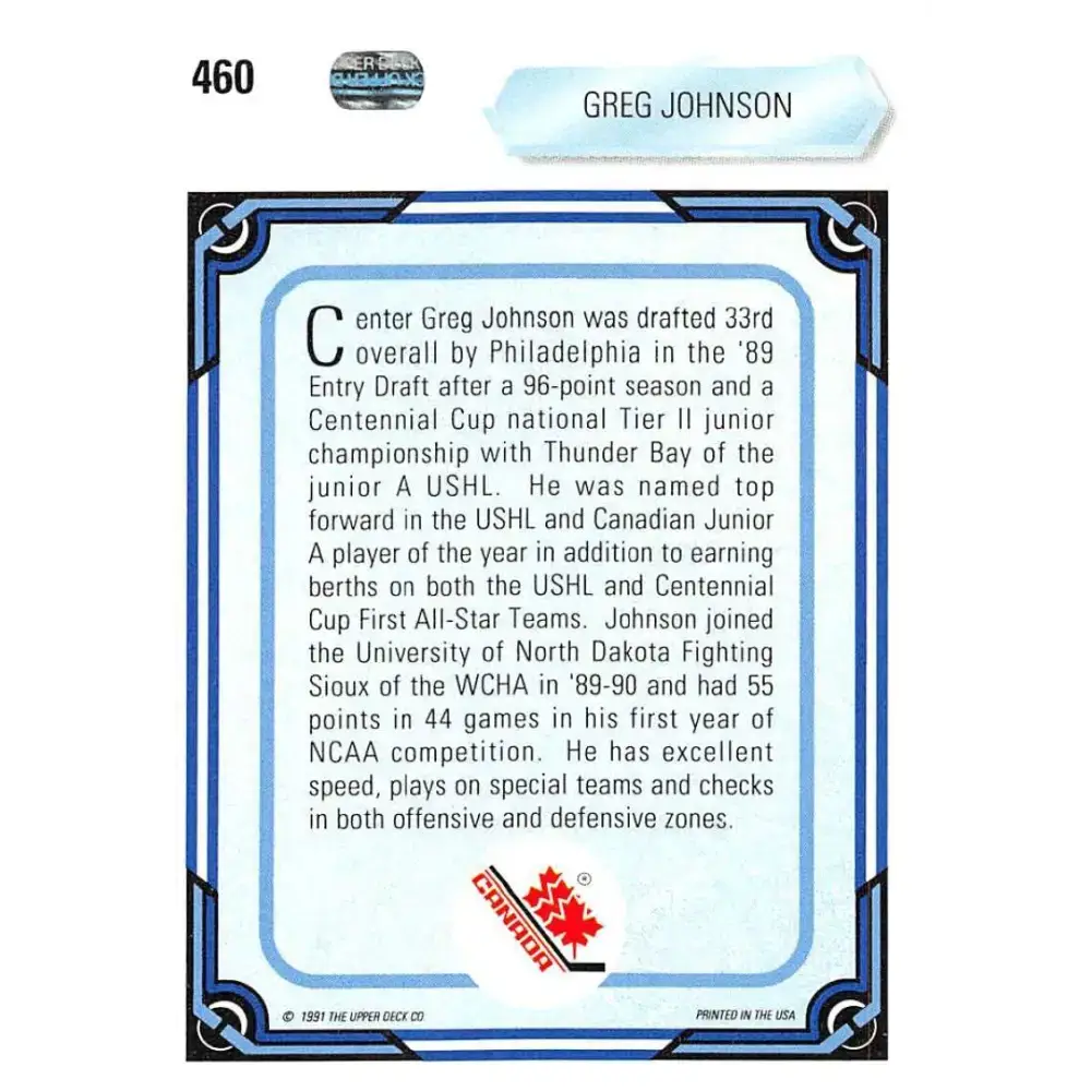 1990-91 Upper Deck #460 Greg Johnson NM-MT RC Rookie Hockey Card - Hockey Card Single