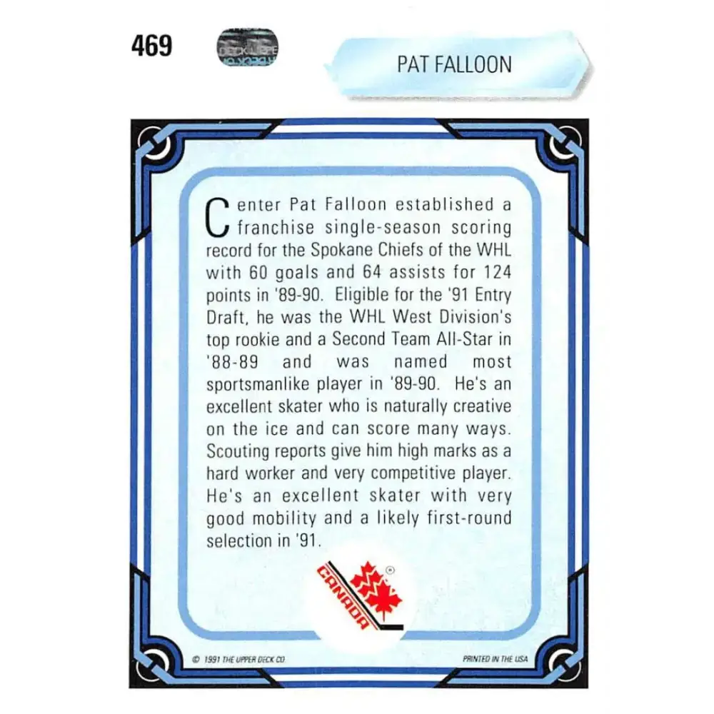 1990-91 Upper Deck #469 Pat Falloon NM-MT RC Rookie Hockey Card - Hockey Card Single