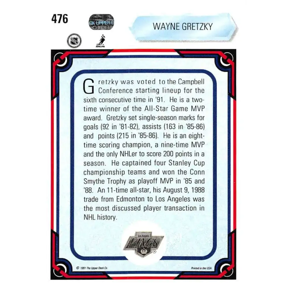 1990-91 Upper Deck #476 Wayne Gretzky NM-MT Los Angeles Kings Hockey Card - Hockey Card Single
