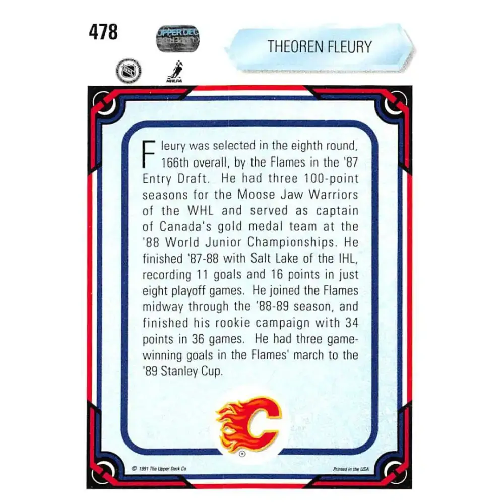 1990-91 Upper Deck #478 Theo Fleury NM-MT Calgary Flames Hockey Card - Hockey Card Single