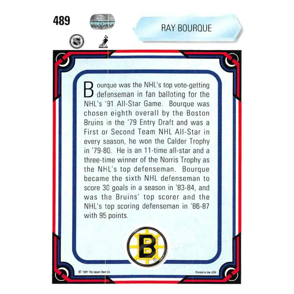 1990-91 Upper Deck #489 Ray Bourque NM-MT Hockey Card - Hockey Card Single