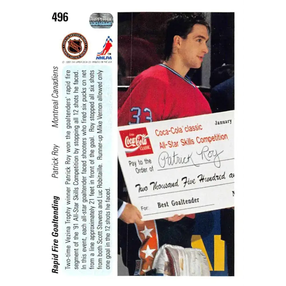 1990-91 Upper Deck #496 Patrick Roy NM-MT Montreal Canadiens Hockey Card - Hockey Card Single